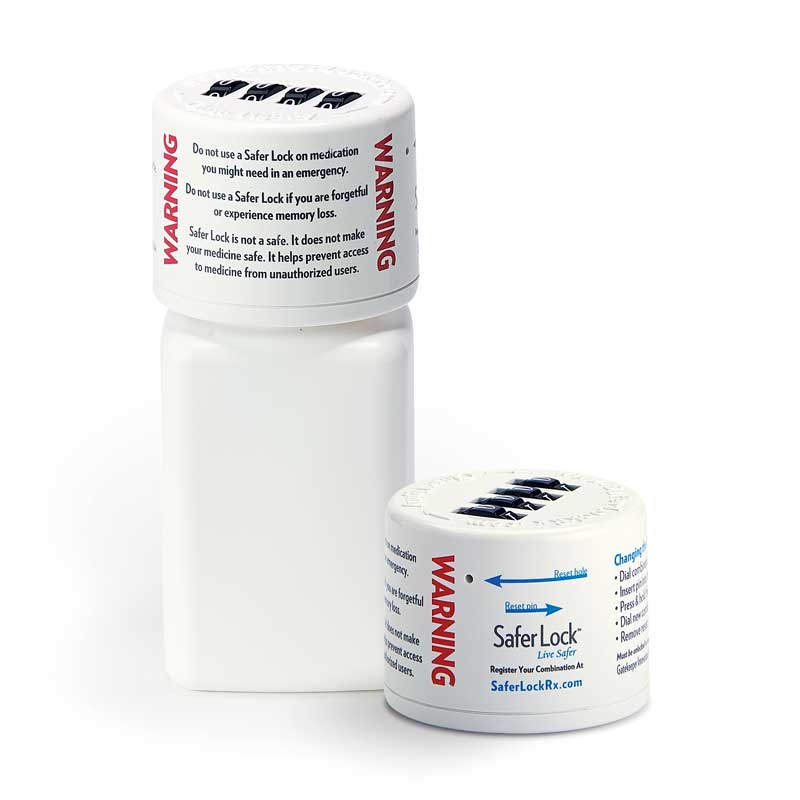 Image of Safer Lock locking medication cap and bottle.