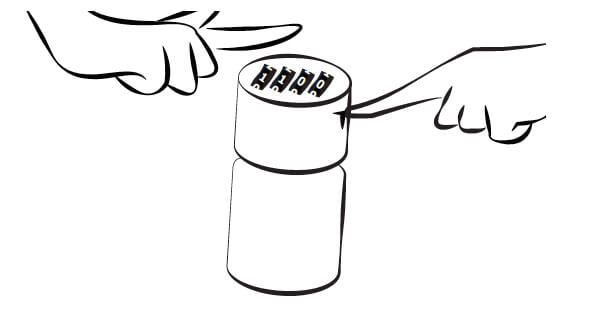 Illustration of hands reseting a Safer Lock bottle.