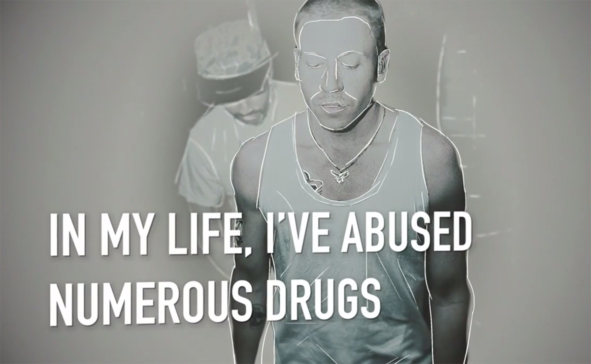 Illustration of Macklemore with text reading, “In my life, I’ve abused numerous drugs.