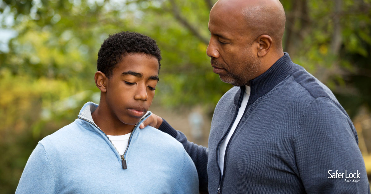 Dad talking to his teen son about the risks of teenage substance abuse.