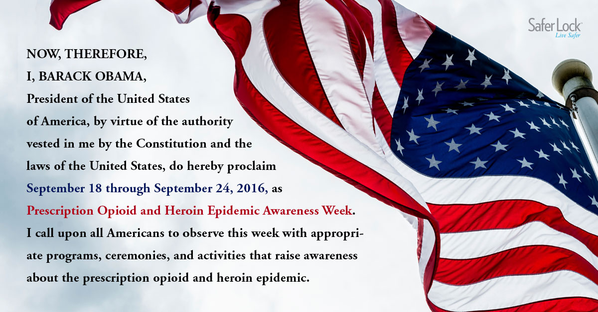 Text of White House Prescription Opioid and Heroin Epidemic Awareness Week announcement against an American Flag background.